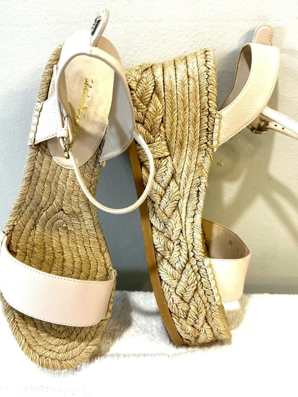 Salvatore Ferragamo Beige Leather Espadrille Wedge Sandals